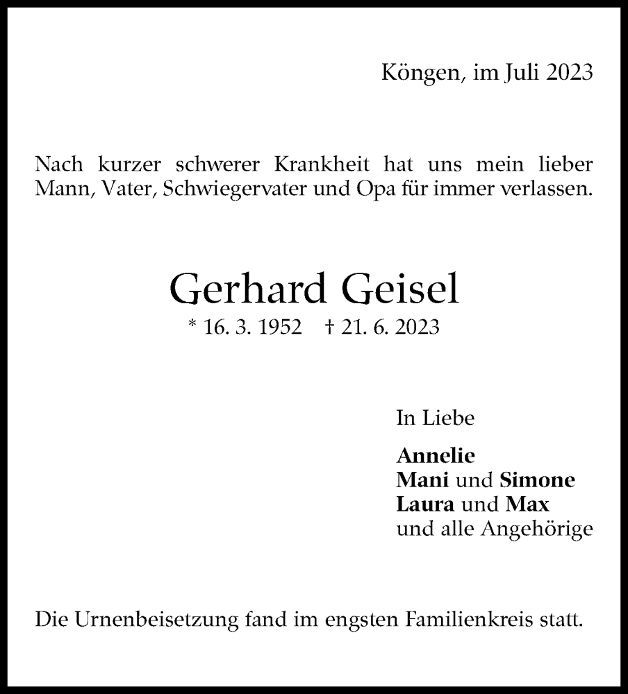  Traueranzeige für Gerhard Geisel vom 15.07.2023 aus Eßlinger Zeitung/Cannstatter Zeitung