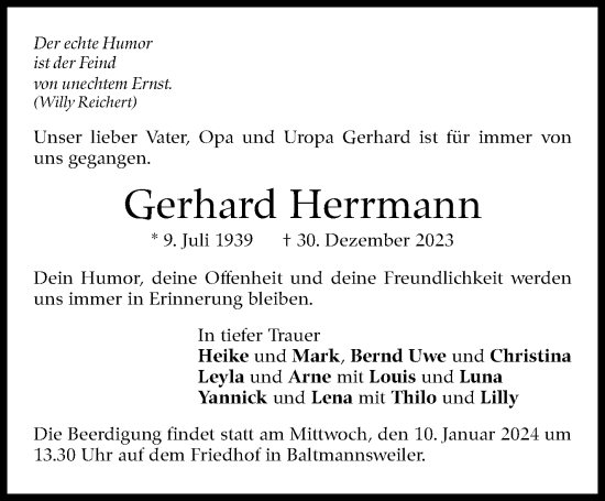 Traueranzeige von Gerhard Herrmann von Eßlinger Zeitung/Cannstatter Zeitung