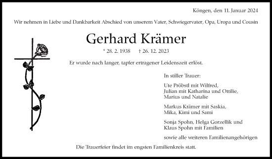 Traueranzeige von Gerhard Krämer von Eßlinger Zeitung/Cannstatter Zeitung