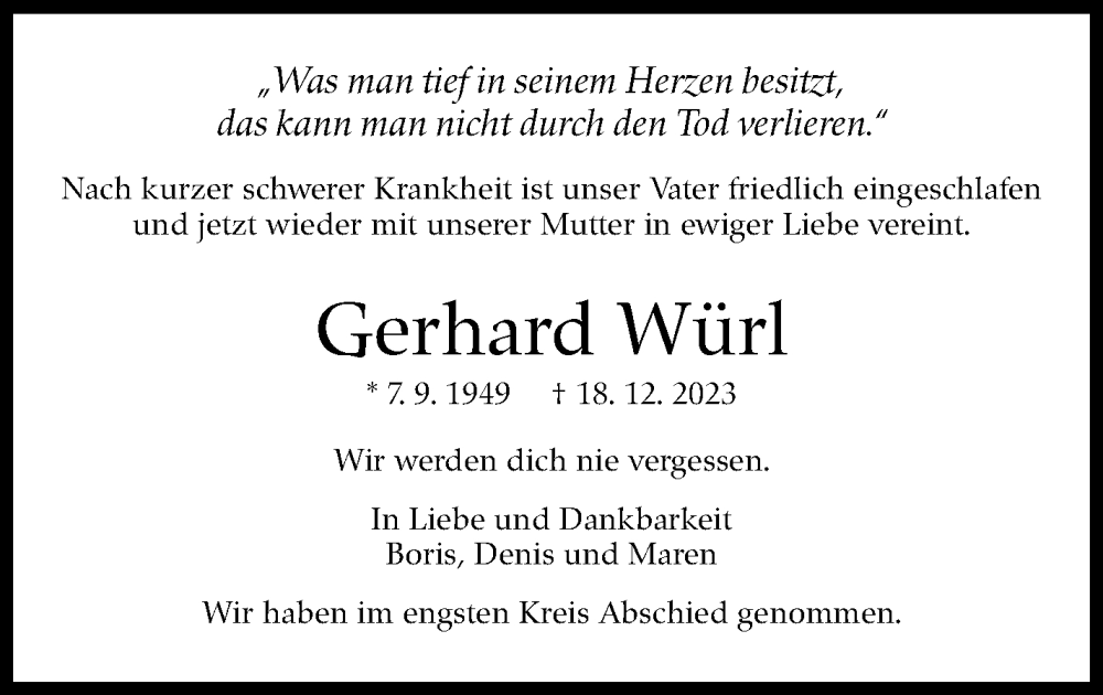  Traueranzeige für Gerhard Würl vom 05.01.2024 aus Eßlinger Zeitung/Cannstatter Zeitung