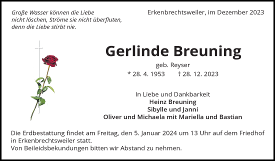Traueranzeige von Gerlinde Breuning von Eßlinger Zeitung/Cannstatter Zeitung