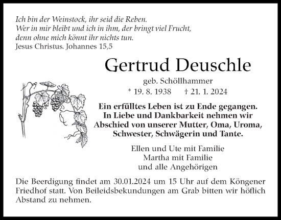 Traueranzeige von Gertrud Deuschle von Eßlinger Zeitung/Cannstatter Zeitung