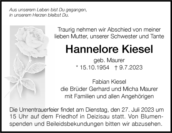 Traueranzeige von Hannelore Kiesel von Eßlinger Zeitung/Cannstatter Zeitung