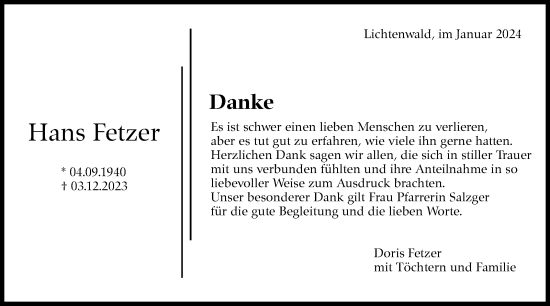 Traueranzeige von Hans Fetzer von Eßlinger Zeitung/Cannstatter Zeitung