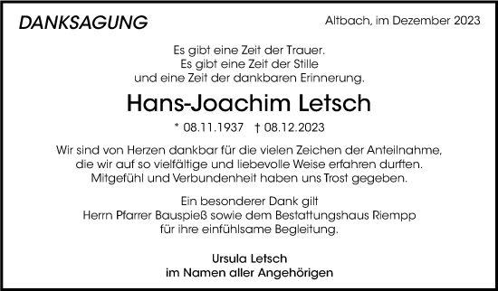 Traueranzeige von Hans-Joachim Letsch von Eßlinger Zeitung/Cannstatter Zeitung