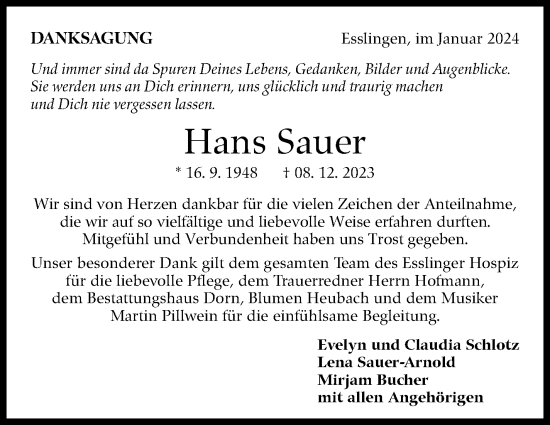 Traueranzeige von Hans Sauer von Eßlinger Zeitung/Cannstatter Zeitung