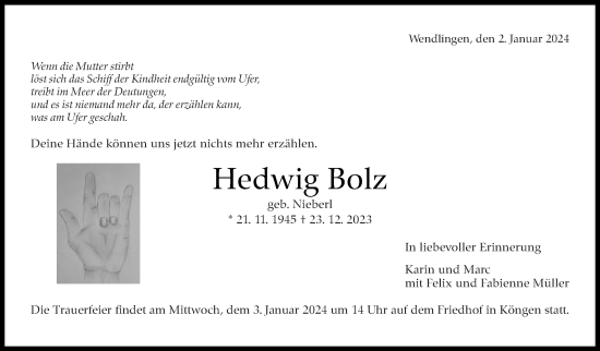 Traueranzeige von Hedwig Bolz von Eßlinger Zeitung/Cannstatter Zeitung