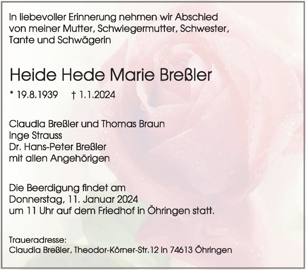  Traueranzeige für Heide Hede Marie Breßler vom 09.01.2024 aus Eßlinger Zeitung/Cannstatter Zeitung