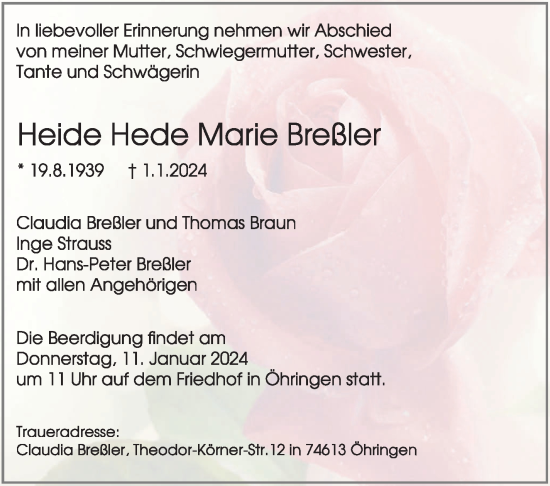 Traueranzeige von Heide Hede Marie Breßler von Eßlinger Zeitung/Cannstatter Zeitung