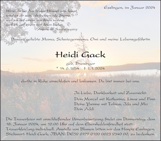 Traueranzeige von Heidi Gack von Eßlinger Zeitung/Cannstatter Zeitung