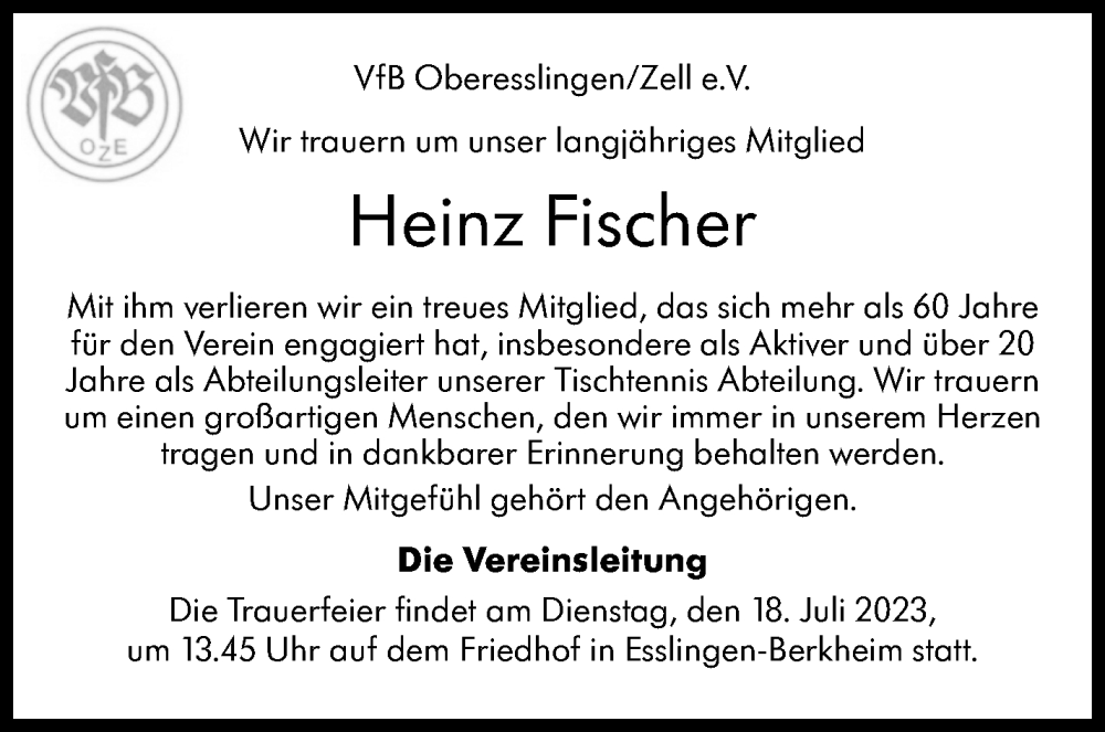  Traueranzeige für Heinz Fischer vom 15.07.2023 aus Eßlinger Zeitung/Cannstatter Zeitung