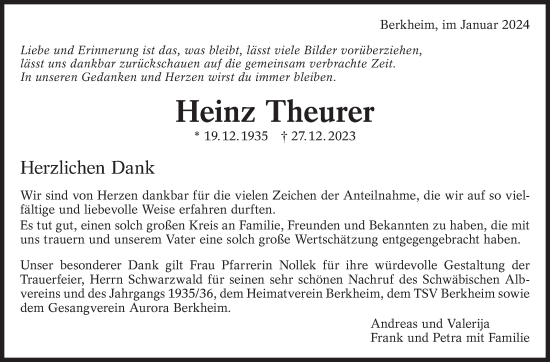 Traueranzeige von Heinz Theurer von Eßlinger Zeitung/Cannstatter Zeitung