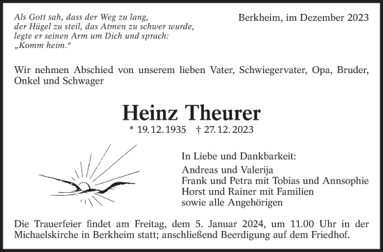 Traueranzeige von Heinz Theurer von Eßlinger Zeitung/Cannstatter Zeitung