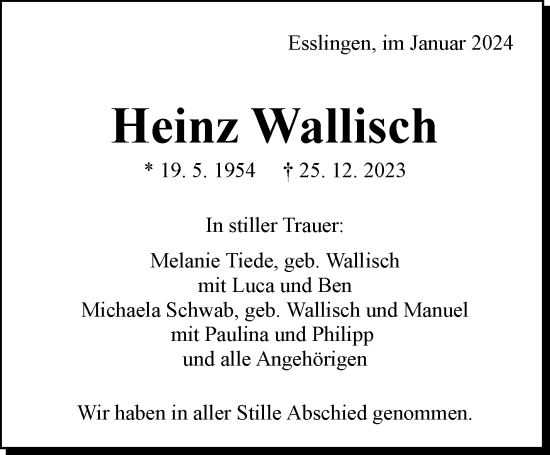 Traueranzeige von Heinz Wallisch von Eßlinger Zeitung/Cannstatter Zeitung