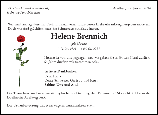 Traueranzeige von Helene Brennich von Eßlinger Zeitung/Cannstatter Zeitung