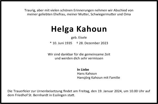 Traueranzeige von Helga Kahoun von Eßlinger Zeitung/Cannstatter Zeitung