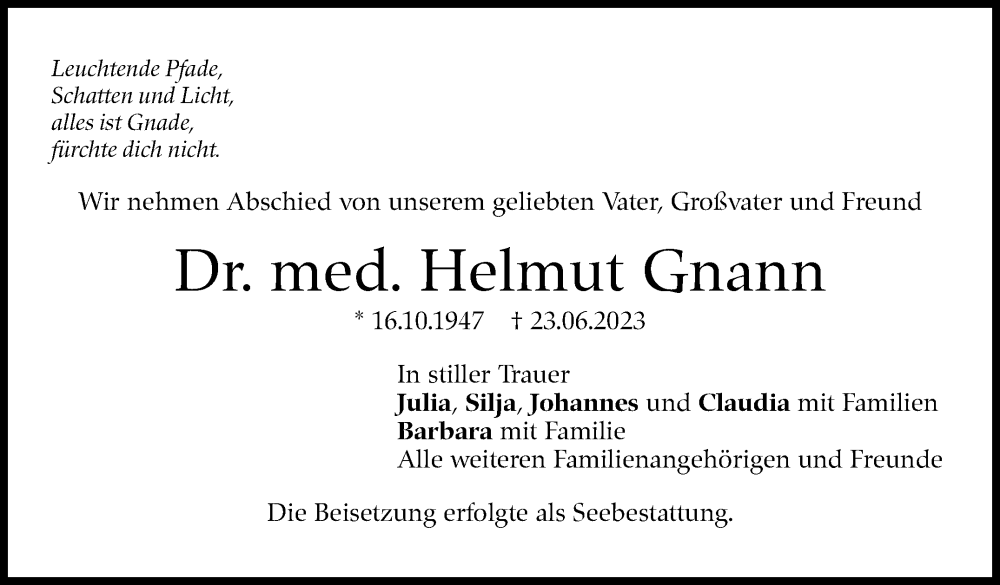  Traueranzeige für Helmut Gnann vom 29.07.2023 aus Eßlinger Zeitung/Cannstatter Zeitung