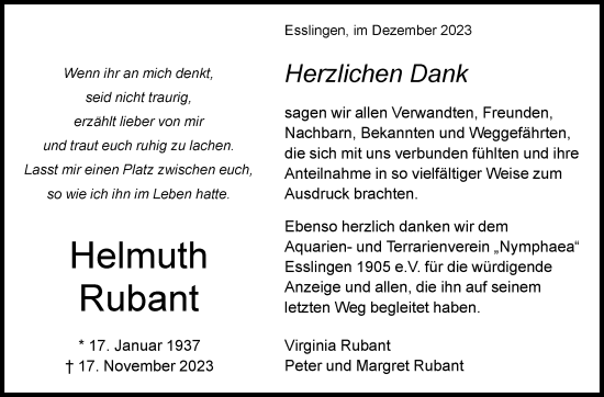 Traueranzeige von Helmuth Rubant von Eßlinger Zeitung/Cannstatter Zeitung