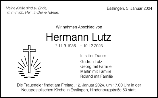 Traueranzeige von Hermann Lutz von Eßlinger Zeitung/Cannstatter Zeitung