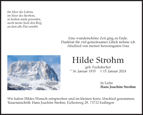 Traueranzeige von Hilde Strohm von Eßlinger Zeitung/Cannstatter Zeitung