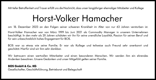 Traueranzeige von Horst-Volker Hamacher von Eßlinger Zeitung/Cannstatter Zeitung