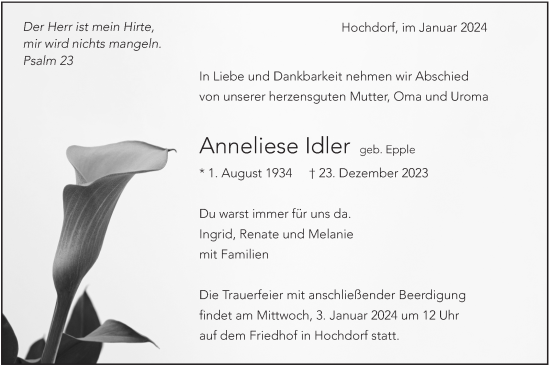 Traueranzeige von Idler Anneliese von Eßlinger Zeitung/Cannstatter Zeitung