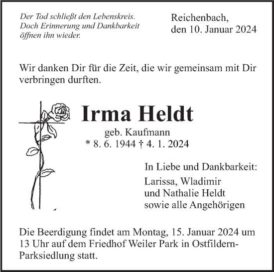 Traueranzeige von Irma Heldt von Eßlinger Zeitung/Cannstatter Zeitung