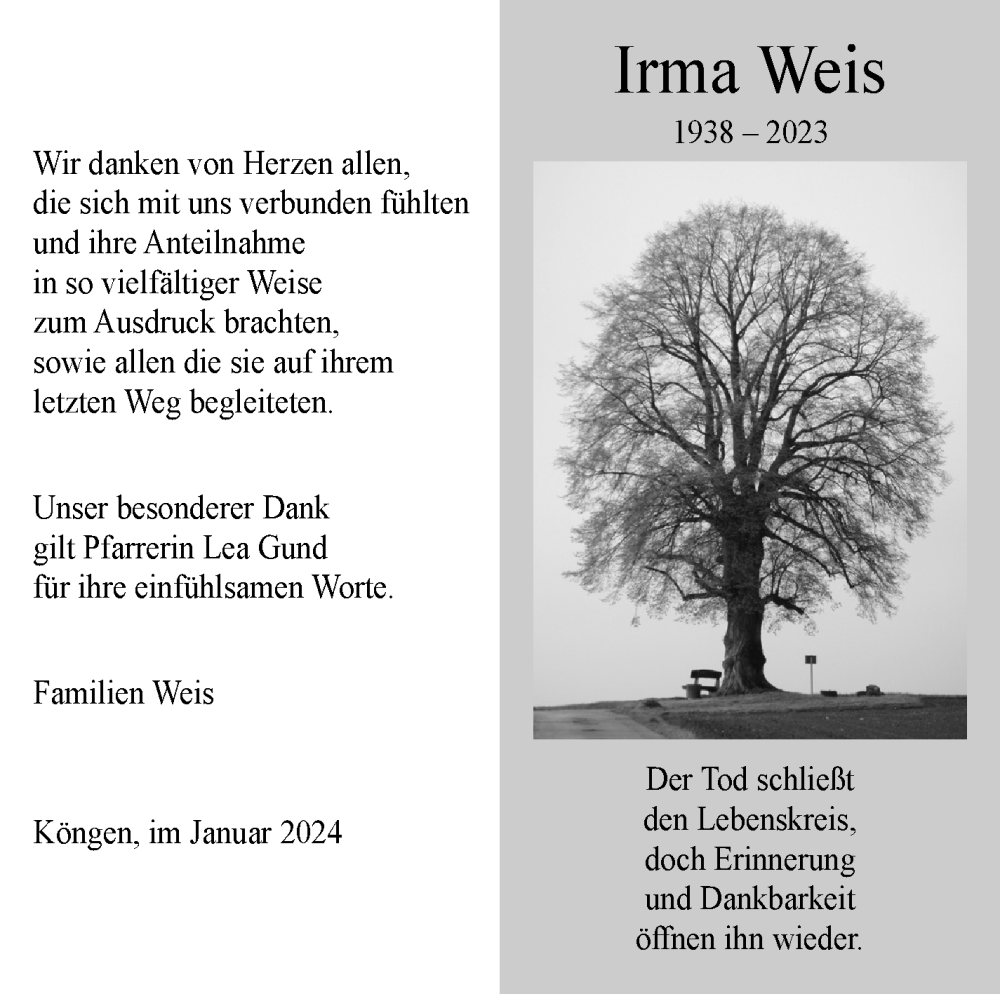  Traueranzeige für Irma Weis vom 11.01.2024 aus Eßlinger Zeitung/Cannstatter Zeitung