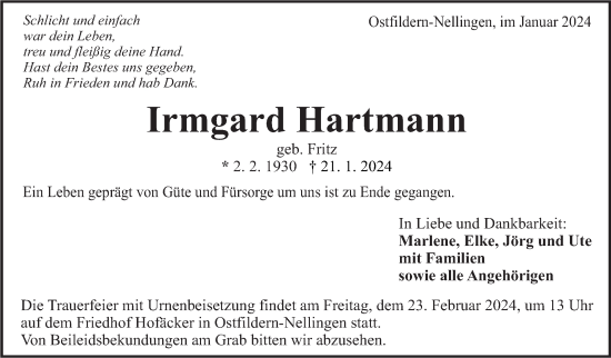 Traueranzeige von Irmgard Hartmann von Eßlinger Zeitung/Cannstatter Zeitung