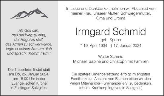 Traueranzeige von Irmgard Schmid von Eßlinger Zeitung/Cannstatter Zeitung