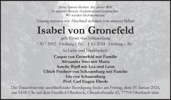 Traueranzeige von Isabel von Gronefeld von Eßlinger Zeitung/Cannstatter Zeitung
