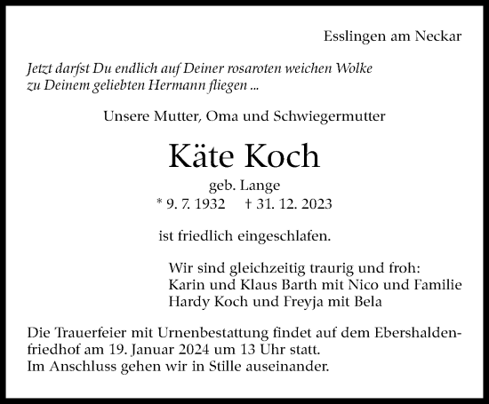 Traueranzeige von Käte Koch von Eßlinger Zeitung/Cannstatter Zeitung