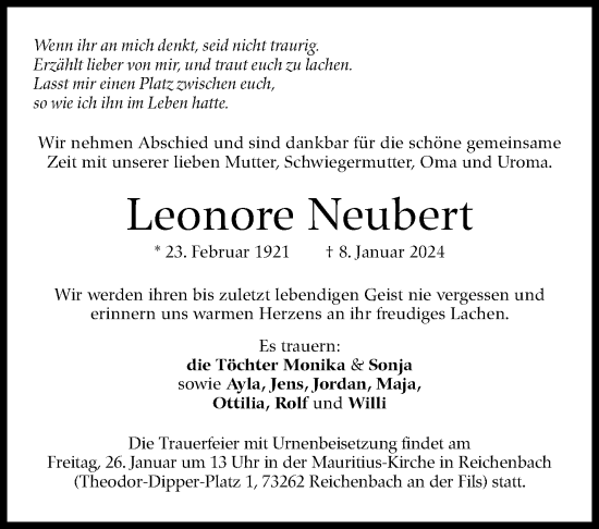 Traueranzeige von Leonore Neubert von Eßlinger Zeitung/Cannstatter Zeitung