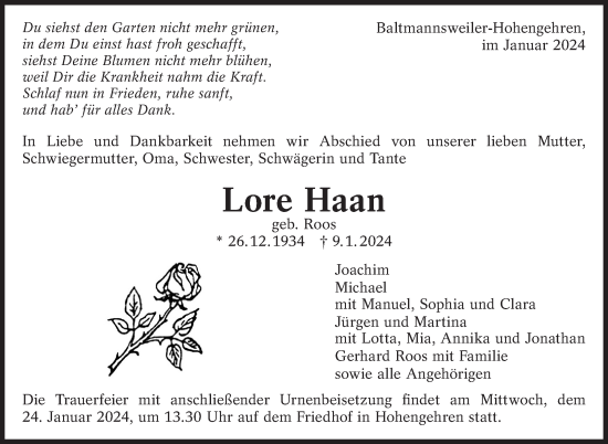 Traueranzeige von Lore Haan von Eßlinger Zeitung/Cannstatter Zeitung