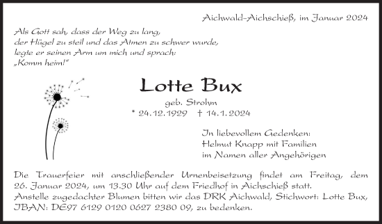 Traueranzeige von Lotte Bux von Eßlinger Zeitung/Cannstatter Zeitung