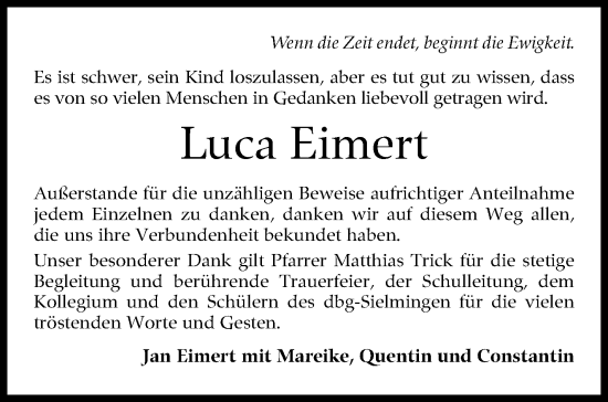 Traueranzeige von Luca Eimert von Eßlinger Zeitung/Cannstatter Zeitung