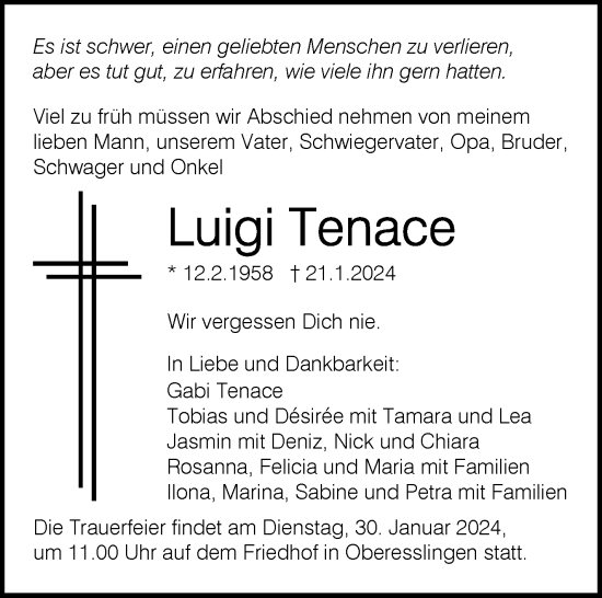 Traueranzeige von Luigi Tenace von Eßlinger Zeitung/Cannstatter Zeitung