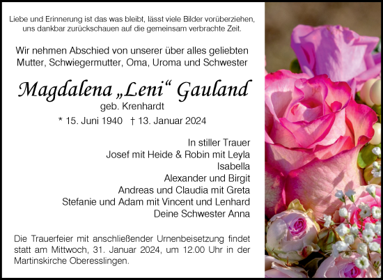 Traueranzeige von Magdalena Gauland von Eßlinger Zeitung/Cannstatter Zeitung
