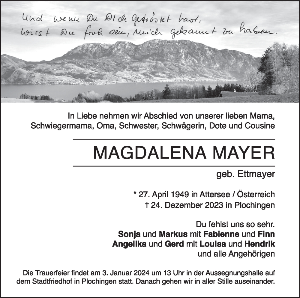  Traueranzeige für Magdalena Mayer vom 02.01.2024 aus Eßlinger Zeitung/Cannstatter Zeitung