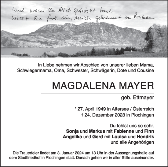 Traueranzeige von Magdalena Mayer von Eßlinger Zeitung/Cannstatter Zeitung
