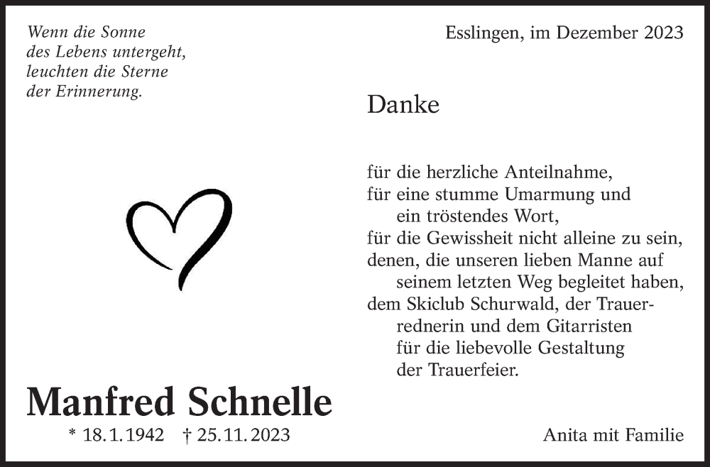 Traueranzeige für Manfred Schnelle vom 30.12.2023 aus Eßlinger Zeitung/Cannstatter Zeitung