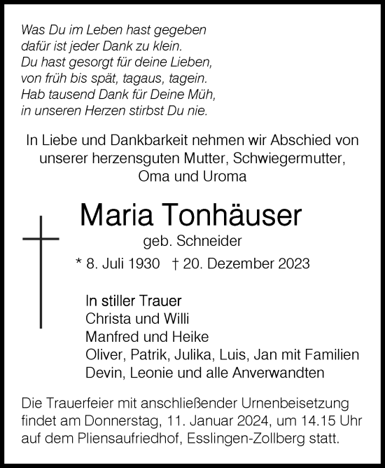 Traueranzeige von Maria Tonhäuser von Eßlinger Zeitung/Cannstatter Zeitung