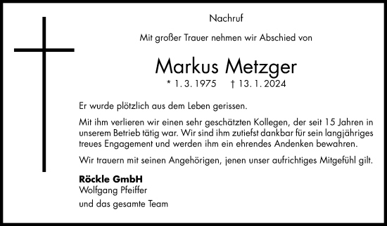 Traueranzeige von Markus Metzger von Eßlinger Zeitung/Cannstatter Zeitung