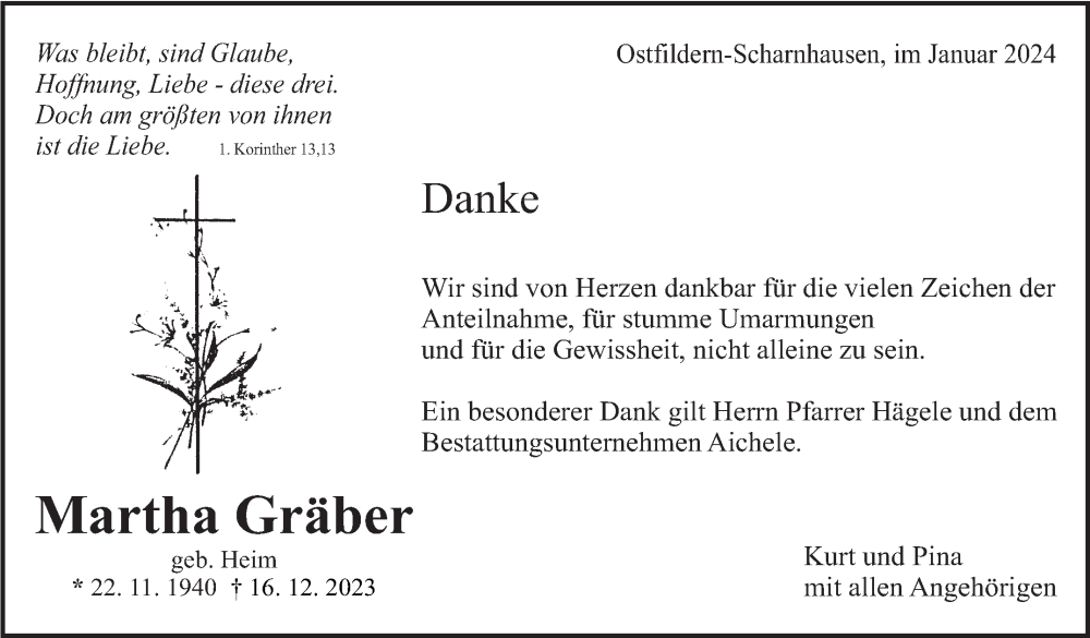  Traueranzeige für Martha Gräber vom 11.01.2024 aus Eßlinger Zeitung/Cannstatter Zeitung