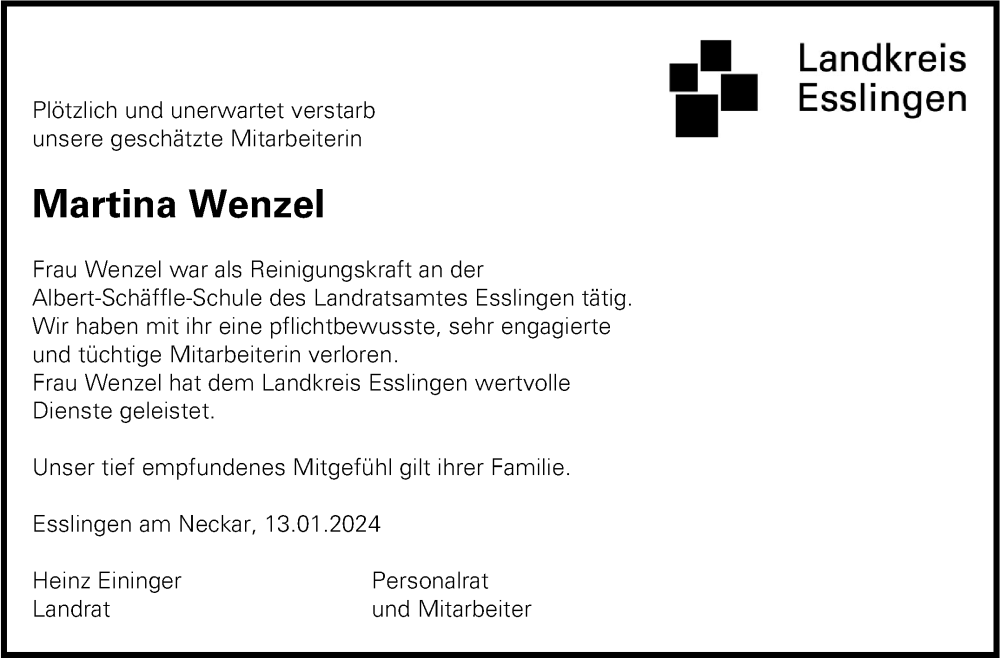  Traueranzeige für Martina Wenzel vom 13.01.2024 aus Eßlinger Zeitung/Cannstatter Zeitung