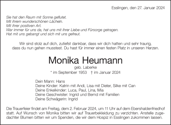 Traueranzeige von Monika Heumann von Eßlinger Zeitung/Cannstatter Zeitung