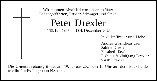 Traueranzeige von Peter Drexler von Eßlinger Zeitung/Cannstatter Zeitung