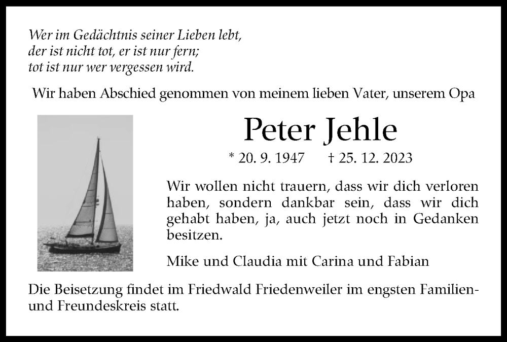  Traueranzeige für Peter Jehle vom 17.01.2024 aus Eßlinger Zeitung/Cannstatter Zeitung