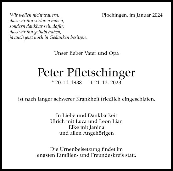 Traueranzeige von Peter Pfletschinger von Eßlinger Zeitung/Cannstatter Zeitung