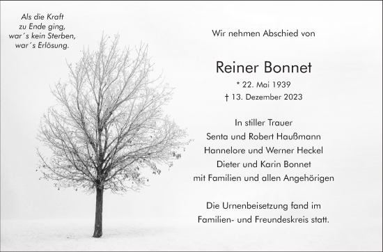 Traueranzeige von Reiner Bonnet von Eßlinger Zeitung/Cannstatter Zeitung